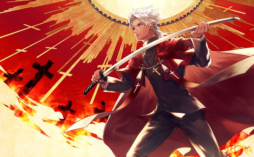 amakusa_shirou_(fate) bad_id bad_pixiv_id black_pants black_shirt brown_eyes cross cross_necklace earrings fate/apocrypha fate_(series) from_below highres holding holding_sword holding_weapon jewelry katana male_focus necklace neopara pants shirt silver_hair solo spiked_hair standing sword tombstone weapon