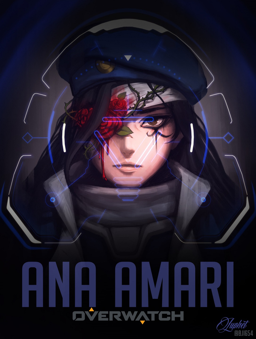 alternate_costume ana_(overwatch) bandage_over_one_eye beret black_hair blood blood_drip blood_on_face brown_eyes captain_amari character_name copyright_name crosshair dark_skin dripping facial_mark facial_tattoo flower flower_eyepatch hat highres jacket long_hair looking_at_viewer overwatch portrait red_flower red_rose reika_(bji654) rose signature solo tattoo twitter_username younger