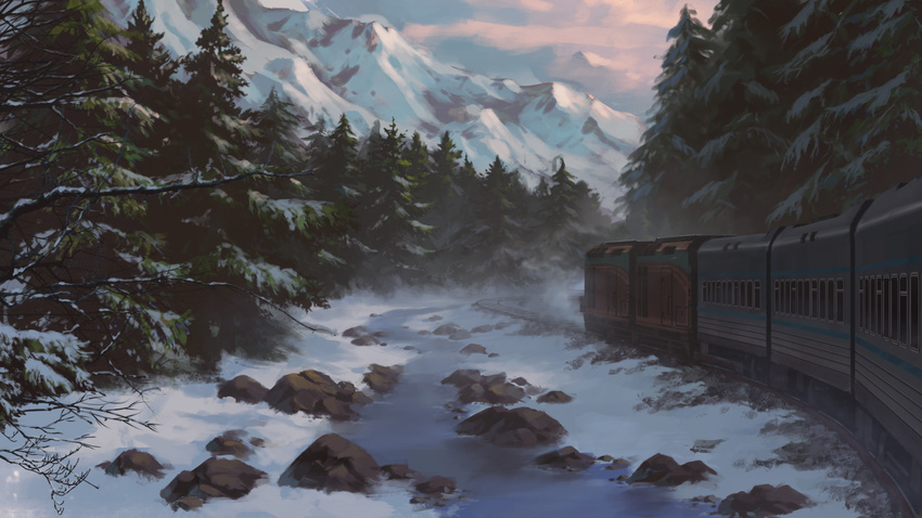 cloud cloudy_sky commentary dao_dao day ground_vehicle highres landscape mountain no_humans outdoors pine_tree railroad_tracks river rock scenery sky snow train tree winter