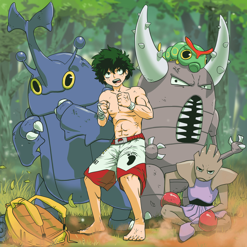 arthropod bag boxing_gloves caterpie clothing forest green_hair group hair heracross hitmonchan human insect mammal midoriya_izuku my_hero_academia nintendo pinsir pok&eacute;ball pok&eacute;mon shorts tree video_games zeaw90