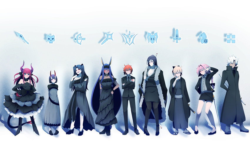 6+girls absurdres alternate_costume amakusa_shirou_(fate) astolfo_(fate) bangs black_dress bow braid breasts cleavage closed_eyes coat command_spell commentary_request dragon_tail dress elizabeth_bathory_(fate) elizabeth_bathory_(fate)_(all) facial_mark fate/apocrypha fate/extra fate/grand_order fate_(series) formal fujimaru_ritsuka_(female) full_body ghost_in_the_shell ghost_in_the_shell_lineup ghost_in_the_shell_stand_alone_complex grin hair_bow hairband hand_on_hip haori highres holding holding_sword holding_weapon horns ishtar_(fate/grand_order) jack-o'-lantern japanese_clothes katana koha-ace long_hair long_sleeves looking_at_viewer minamoto_no_raikou_(fate/grand_order) multiple_boys multiple_girls nitocris_(fate/grand_order) okita_souji_(fate) okita_souji_(fate)_(all) oni oni_horns otoko_no_ko pant_suit short_hair shuten_douji_(fate/grand_order) sidelocks single_braid skirt_suit smile standing suit sword tail two_side_up v_over_eye wada_kazu weapon