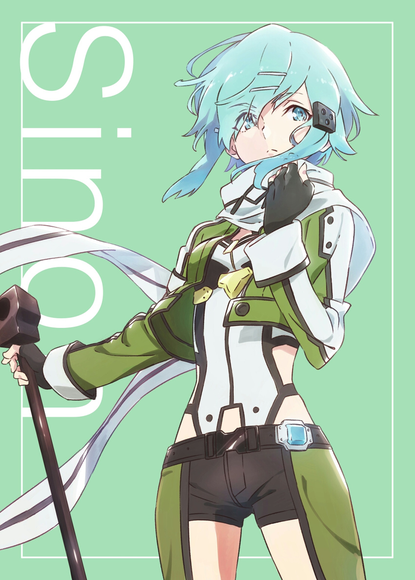 aqua_eyes aqua_hair belt breasts character_name closed_mouth commentary_request cowboy_shot cropped_jacket eyebrows_visible_through_hair eyes_visible_through_hair fingerless_gloves gloves gun hair_ornament hairclip highres jacket long_sleeves looking_afar rifle scarf shiny shiny_hair short_hair short_shorts shorts sinon small_breasts sniper_rifle solo standing sword_art_online tama_(tama-s) teal_background weapon