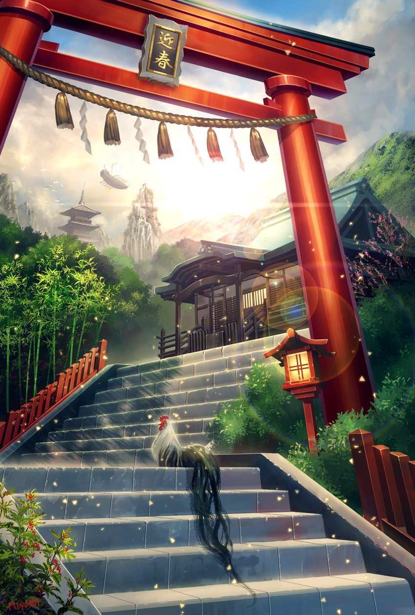 aircraft airship bamboo bamboo_forest bird building bush chai_(yoship) chicken chinese_zodiac cloud cloudy_sky commentary day flower forest grass highres lamppost nature no_humans original outdoors plant rooster rope scenery shrine sky stairs torii year_of_the_rooster