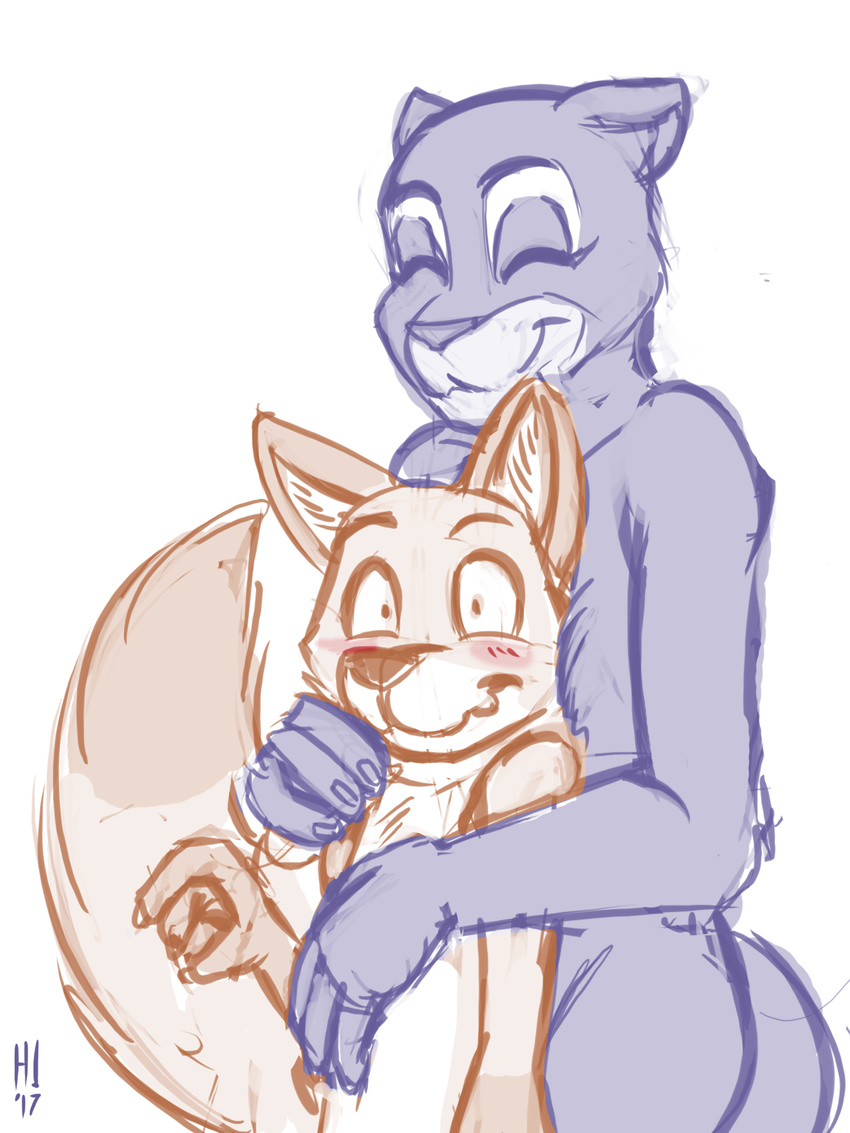 2017 anthro blush canine disney eyes_closed feline female fox heresy_(artist) hug larger_female male male/female mammal monochrome naturalist_panther nick_wilde nude panther size_difference sketch smile surprise zootopia