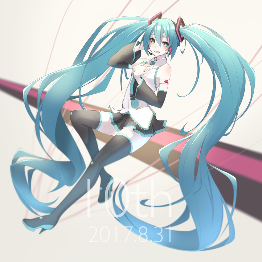 2017 absurdly_long_hair aqua_eyes aqua_hair aqua_neckwear black_footwear black_legwear black_skirt blurry blush boots dated detached_sleeves full_body hatsune_miku headset high_heel_boots high_heels highres kazuna_(kazzzuna) long_hair looking_at_viewer necktie open_mouth pleated_skirt skirt smile solo thigh_boots thighhighs twintails very_long_hair vocaloid zettai_ryouiki