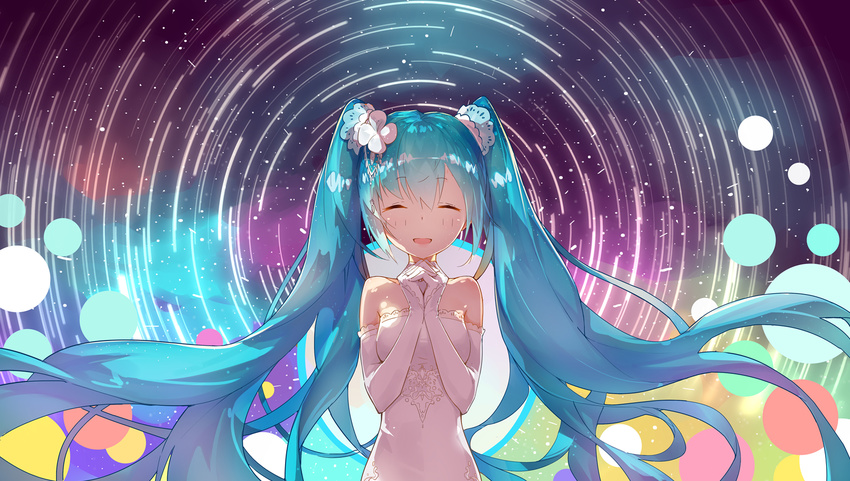 aqua_hair bangs bare_shoulders elbow_gloves gloves hands_clasped hatsune_miku interlocked_fingers long_hair own_hands_together solo star_trail twintails very_long_hair vocaloid white_gloves yong_mei-uta