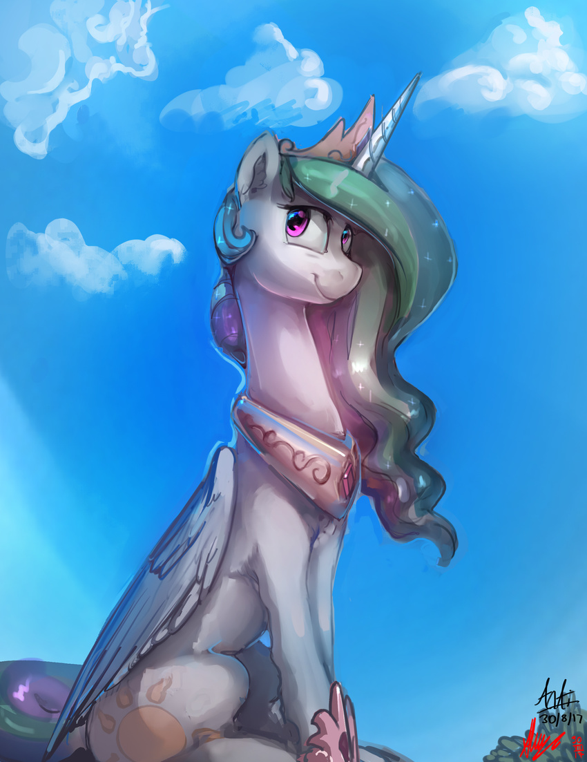 2017 alumx anticularpony cloud crown cutie_mark equine feathered_wings feathers female feral friendship_is_magic horn jewelry looking_at_viewer mammal my_little_pony necklace outside princess_celestia_(mlp) sky smile solo white_feathers winged_unicorn wings