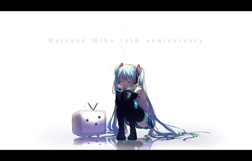 absurdres anniversary aqua_hair boots character_name closed_eyes commentary_request detached_sleeves hatsune_miku headphones highres letterboxed long_hair nail_polish niconico open_mouth skirt sogawa squatting terebi-chan thigh_boots thighhighs twintails very_long_hair vocaloid white_background