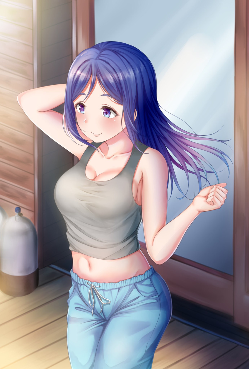 arm_up bangs bare_arms bare_shoulders blue_eyes blue_hair blue_pants blush breasts canister cleavage closed_mouth collarbone commentary_request day door drawstring floating_hair glass gradient_eyes gradient_hair grey_tank_top hair_down hand_in_hair hand_up highres large_breasts long_hair looking_away love_live! love_live!_sunshine!! matsuura_kanan midriff morning multicolored multicolored_eyes multicolored_hair navel outdoors pants parted_bangs purple_eyes purple_hair rama_(yu-light8) shiny shiny_hair sideboob sidelocks smile solo standing straight_hair sunlight tank_top taut_clothes wind wooden_floor