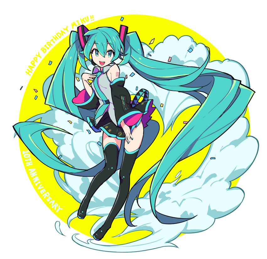 absurdly_long_hair anniversary aqua_eyes aqua_hair black_footwear black_legwear boots commentary_request detached_sleeves full_body hand_on_own_chest happy_birthday hatsune_miku iwato1712 long_hair necktie open_mouth skirt solo thigh_boots thighhighs twintails very_long_hair vocaloid