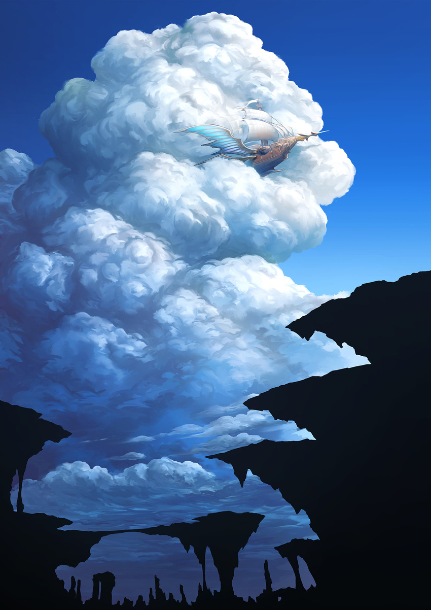 airship blue_sky cloud cloudy_sky day fantasy flying highres no_humans outdoors rock scenery ship silhouette sky watercraft wings yumemizuki