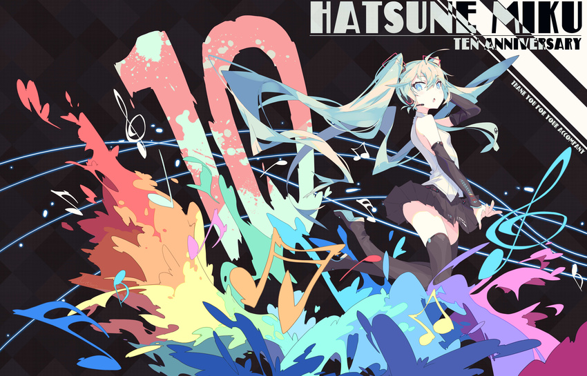 absurdres anniversary aqua_eyes aqua_hair beamed_eighth_notes beamed_sixteenth_notes blush detached_sleeves eighth_note hatsune_miku headphones highres litsvn long_hair miniskirt musical_note quarter_note sixteenth_note skirt solo thighhighs treble_clef twintails upskirt very_long_hair vocaloid