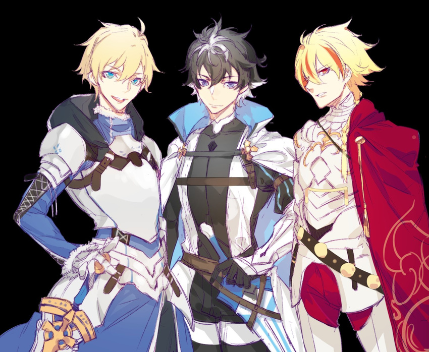 ahoge armor arthur_pendragon_(fate) black_background black_hair blonde_hair blue_eyes cape charlemagne_(fate) commentary excalibur_(fate/prototype) fate/extella fate/extella_link fate/extra fate/prototype fate/strange_fake fate_(series) gauntlets green_eyes highres hood joyeuse_odre krab multicolored_hair multiple_boys open_mouth red_cape red_eyes saber_(fate/strange_fake) short_hair simple_background smile streaked_hair sword two-tone_hair weapon white_cape