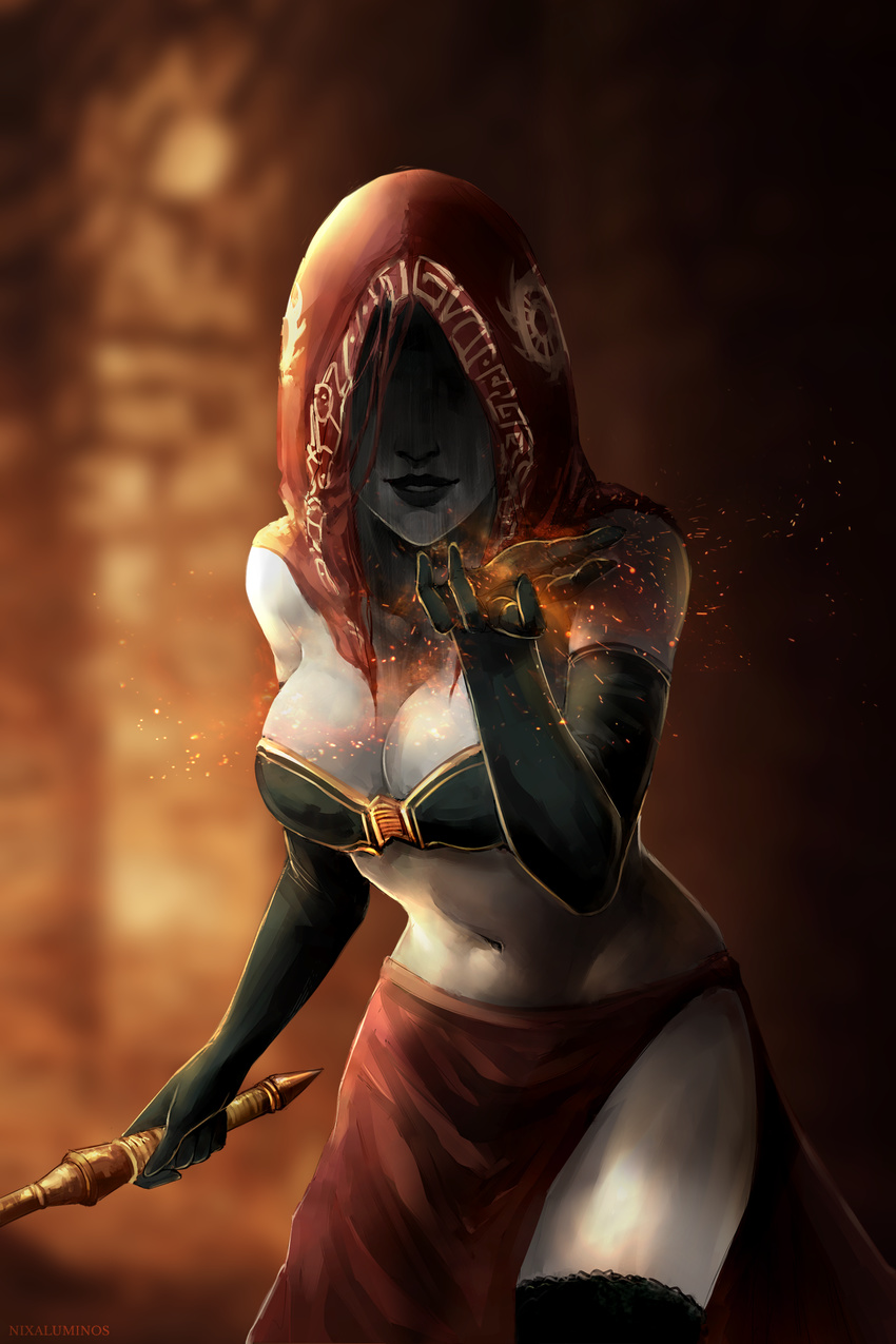 bare_shoulders black_gloves black_legwear blurry blurry_background breasts cleavage collarbone covered_face cowboy_shot dark_souls_ii desert_sorceress elbow_gloves gloves highres holding hood leaning_forward looking_at_viewer medium_breasts navel nixaluminos pale_skin parted_lips red_skirt shaded_face signature skirt solo souls_(from_software) standing strapless thighhighs thighs tubetop white_skin