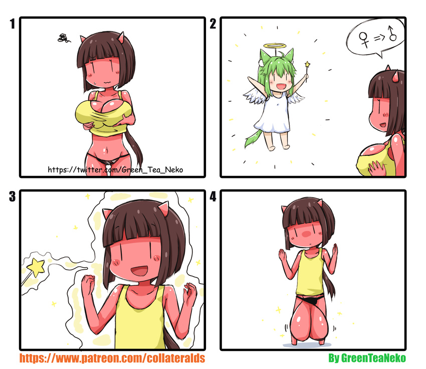 4koma animal_humanoid balls big_balls big_breasts breasts cat_humanoid comic demon fairy feline female ftm_transformation gender_transformation girly greenteaneko horn humanoid humor male mammal open_mouth red_skin transformation what