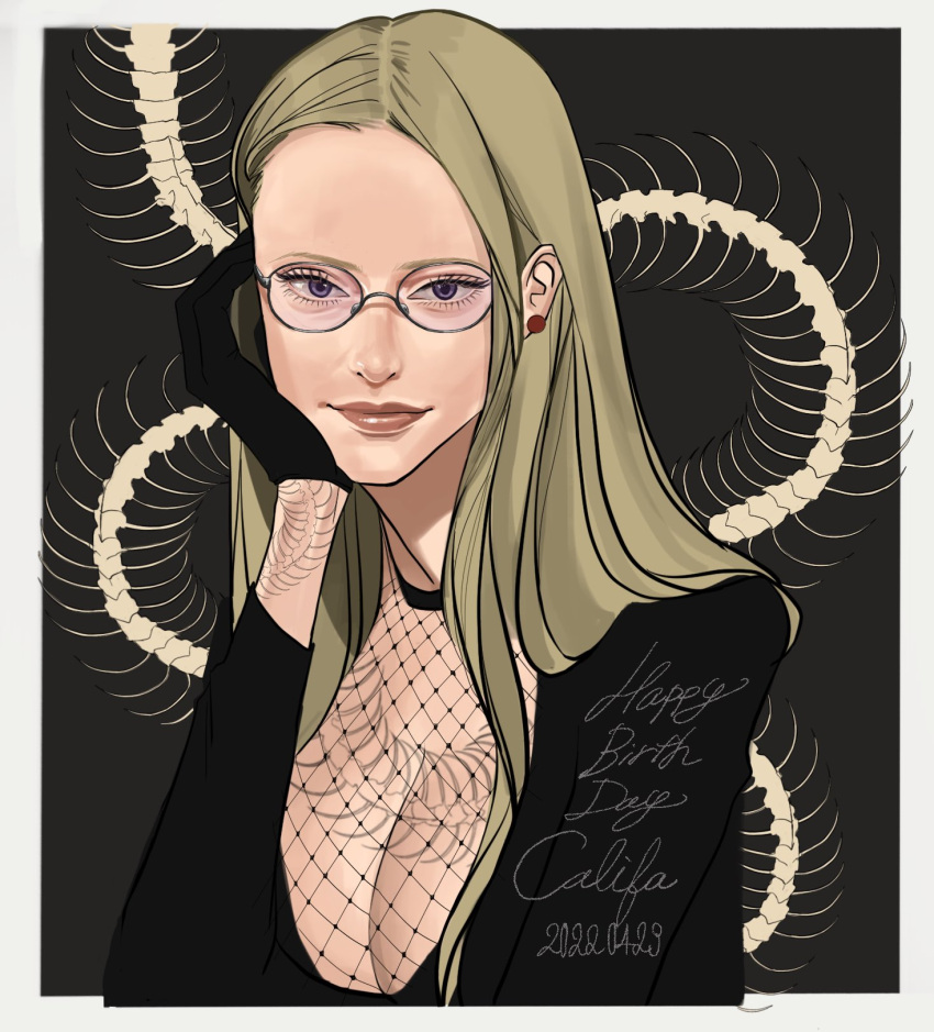 1girl black_dress black_gloves blonde_hair breasts character_name cleavage commentary_request dated dress earrings fishnet_top fishnets glasses gloves happy_birthday highres jewelry kalifa_(one_piece) light_smile long_hair long_sleeves looking_at_viewer one_piece pearl_earrings popsweetyio solo upper_body