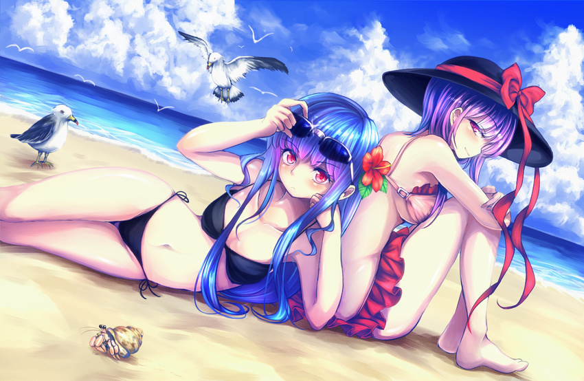 bad_id bad_pixiv_id bare_arms bare_legs barefoot beach bikini bikini_skirt bird black_hat blue_hair blue_sky breasts cleavage cloud cloudy_sky commentary_request crustacean day eyewear_on_head hat hat_ribbon hinanawi_tenshi large_breasts long_hair looking_at_viewer lying maru_daizu_(aqua6233) medium_breasts multiple_girls nagae_iku navel on_side outdoors purple_hair red_eyes red_ribbon ribbon seagull side-tie_bikini sitting sky summer sunglasses swimsuit touhou