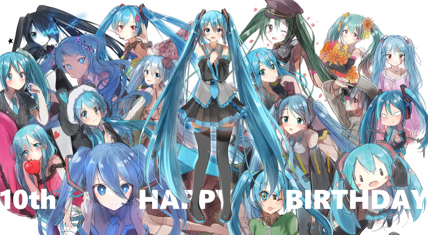 6+girls ai_kotoba_ii_(vocaloid) alternate_costume alternate_hairstyle anniversary aqua_eyes aqua_hair black_rock_shooter black_rock_shooter_(character) black_rock_shooter_(character)_(cosplay) blush boots commentary_request copyright_request cosplay detached_sleeves ghost_rule_(vocaloid) hatsune_miku hibikase_(vocaloid) highres kochira_koufuku_anshin_iinkai_desu_(vocaloid) kunoichi_demo_koi_ga_shitai_(vocaloid) long_hair matryoshka_(vocaloid) multiple_girls multiple_persona multiple_views necktie noushou_sakuretsu_girl_(vocaloid) open_mouth pentagon_(railgun_ky1206) romeo_to_cinderella_(vocaloid) senbon-zakura_(vocaloid) simple_background skirt slow_motion_(vocaloid) smile songover tell_your_world_(vocaloid) thigh_boots thighhighs twintails very_long_hair vocaloid white_background