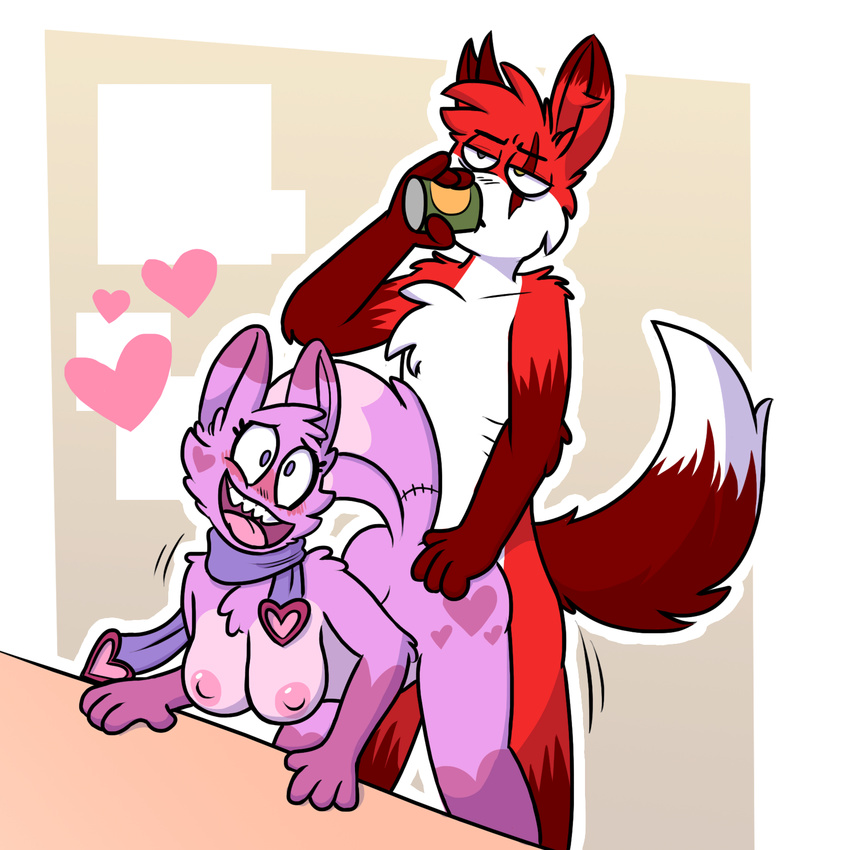 &lt;3 ahegao all_fours anthro areola breasts doggystyle duo feline felinia felinian female from_behind_position fur kea_(artist) looking_pleasured male male/female mammal nipples open_mouth pink_fur rainy-bleu red_fur scar scarf sex