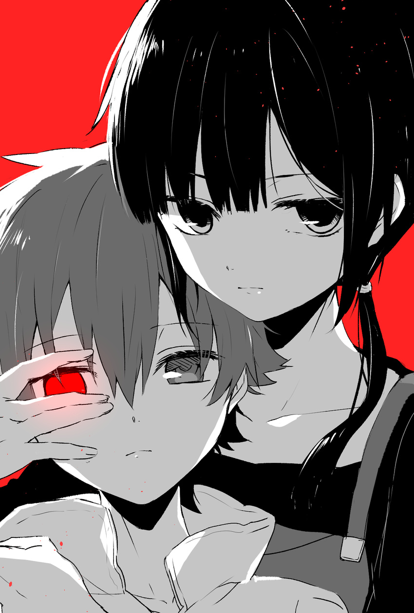 1girl amamiya_hibiya asahina_hiyori expressionless glowing glowing_eye hand_on_another's_face heterochromia highres kagerou_project long_hair looking_at_viewer monochrome red_background red_eyes short_hair twintails yoritori