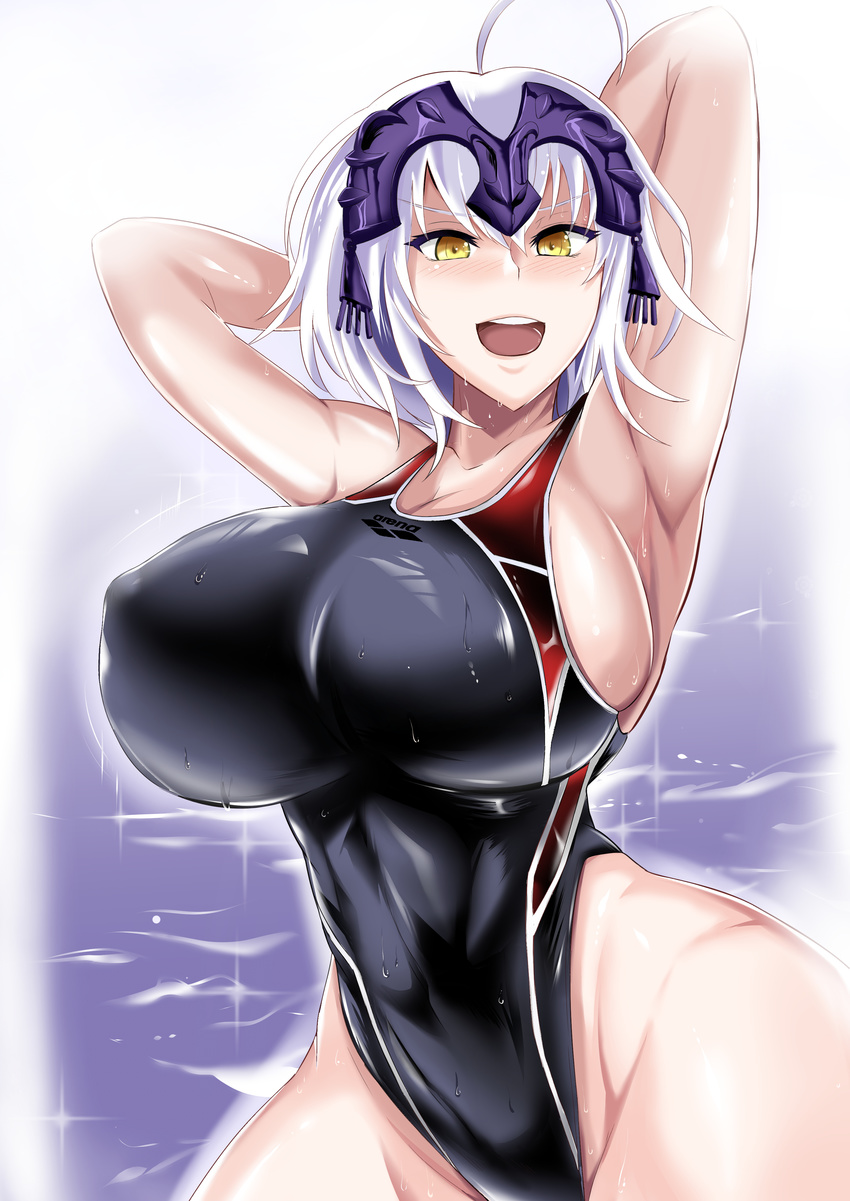 absurdres avenger breasts fate/grand_order fate_(series) headpiece huge_breasts jeanne_alter jeanne_d'arc jet_(pw3234) one-piece_swimsuit ruler_(fate/apocrypha) short_hair silver_hair swimsuit water wet yellow_eyes