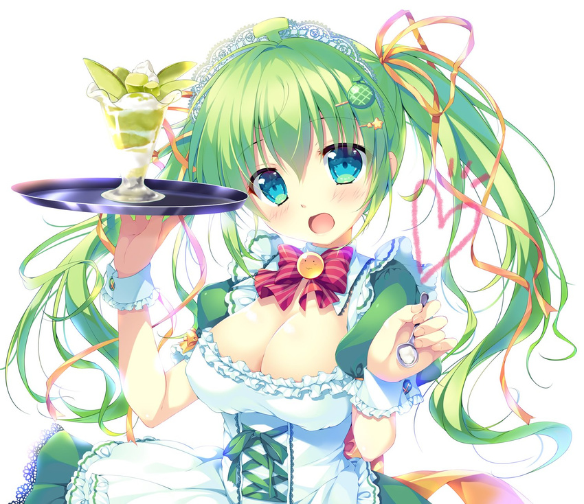 bangs blue_eyes blush bow bowtie breasts cleavage commentary eyebrows_visible_through_hair food frills green_hair hair_ornament hairclip heart highres holding large_breasts long_hair maid maid_headdress melon-chan melonbooks mikeou open_mouth puffy_sleeves short_sleeves simple_background solo spoon tray twintails upper_body white_background wrist_cuffs
