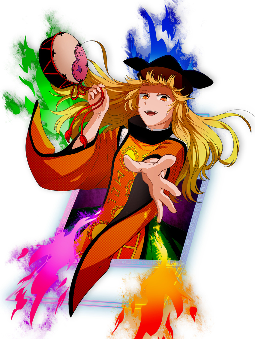 black_hat blonde_hair detached_sleeves doorway energy green_skirt hat highres holding kuroha_ai long_hair long_sleeves looking_at_viewer matara_okina open_mouth orange_eyes outstretched_arm shaded_face skirt smile solo tabard touhou transparent_background wide_sleeves