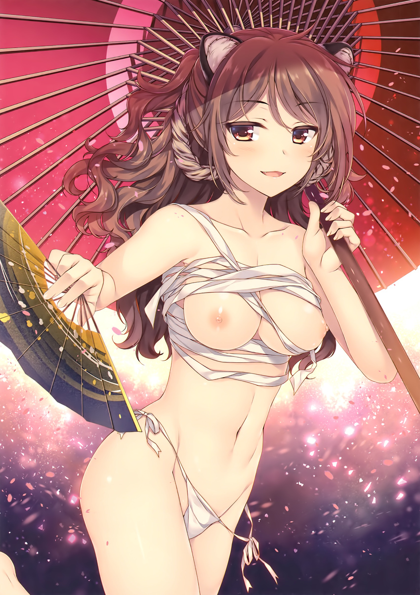 absurdres ahoge alpha_(yukai_na_nakamatachi) animal_ears bangs bare_arms bare_legs bare_shoulders barefoot blush breasts brown_eyes brown_hair cowboy_shot cropped day eyebrows_visible_through_hair fan fang fingernails folding_fan groin half-closed_eyes hands_up highres holding holding_fan holding_umbrella large_breasts leg_up legs_together long_fingernails long_hair looking_at_viewer medium_breasts midriff navel nipples non-web_source open_mouth oriental_umbrella original outdoors panties petals sarashi scan side-tie_panties smile solo standing standing_on_one_leg stomach tiger_ears tiger_girl toranoana umbrella underwear undone_sarashi wavy_hair white_panties