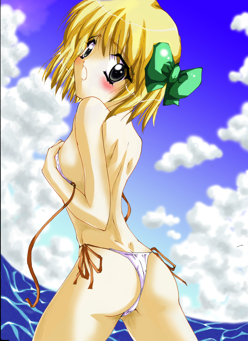 1girl absurdres ass bianca's_daughter bikini blonde_hair blue_sky blush bow butt_crack cloud covering dragon_quest dragon_quest_v embarrassed from_behind green_eyes jun looking_at_viewer open_mouth sky solo swimsuit untied wardrobe_malfunction water