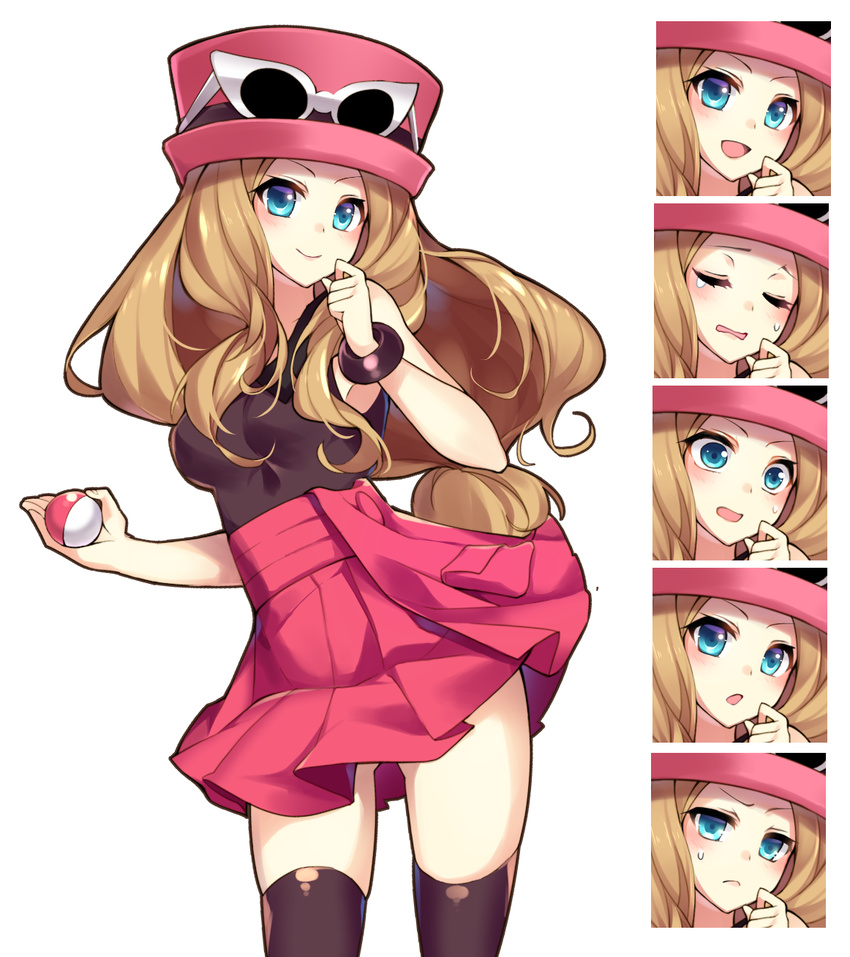 ass_visible_through_thighs bad_id bad_pixiv_id black_legwear blue_eyes blush bracelet brown_hair closed_eyes cowboy_shot dress eyewear_on_headwear highres holding holding_poke_ball homaderi jewelry looking_at_viewer multiple_views pink_dress poke_ball poke_ball_(generic) pokemon pokemon_(game) pokemon_xy serena_(pokemon) smile standing sunglasses sweatdrop thighhighs variations zettai_ryouiki