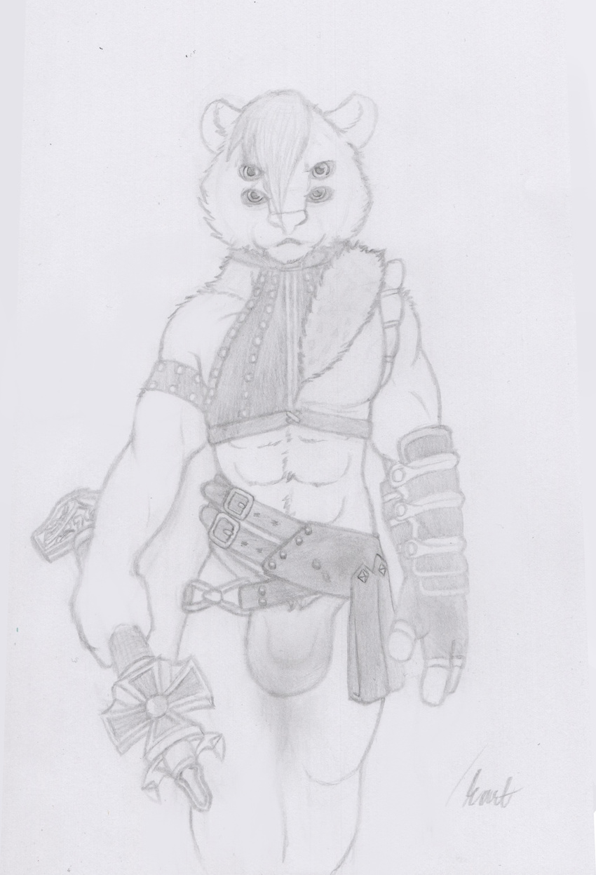 2017 alien anthro armor belt bulge clothing collar combat_cross feline floof fur gauntlets geno28_(artist) gloves hair holding_object holding_weapon humanoid kurt_the_thunderfloof looking_at_viewer male mammal melee_weapon multi_eye muscular pinup portrait pose signature simple_background solo thong traditional_media_(artwork) underwear weapon