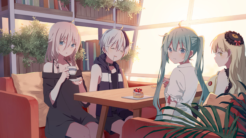 :t ahoge aqua_hair bangs black_dress black_hair blonde_hair blouse blue_eyes bookshelf braid cake choker closed_mouth couch cup dress drooling evening eyebrows_visible_through_hair flower_(vocaloid) food hair_between_eyes hair_ornament hand_up hatsune_miku highres holding holding_cup hood hoodie ia_(vocaloid) indoors long_hair looking_at_viewer looking_back mayu_(vocaloid) mimengfeixue multicolored_hair multiple_girls off-shoulder_dress off_shoulder on_couch open_mouth parted_lips plant saliva saucer short_hair short_sleeves shorts sitting sleeveless sleeveless_hoodie streaked_hair stuffed_animal stuffed_bunny stuffed_toy table teacup twintails usano_mimi v_flower_(vocaloid4) vocaloid wavy_hair white_blouse white_hair window yellow_eyes