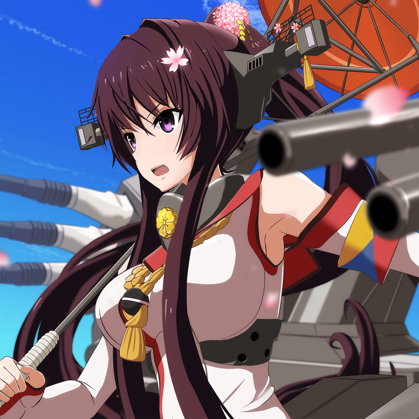 3d breasts brown_hair cherry_blossoms collar day detached_sleeves flower hair_flower hair_intakes hair_ornament headgear highres kantai_collection large_breasts long_hair looking_ahead open_mouth oriental_umbrella outdoors petals ponpu-chou ponytail purple_eyes sky smokestack solo turret umbrella upper_body yamato_(kantai_collection) z-flag