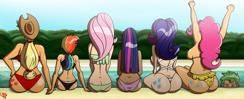 1boy 6+girls applejack ass back bare_shoulders bikini blonde_hair breasts cowboy_hat dark_skin fluttershy from_behind green_eyes green_hair hat huge_ass huge_breasts large_breasts long_hair looking_at_viewer multicolored_hair multiple_girls my_little_pony my_little_pony_friendship_is_magic partially_submerged personification pink_hair pinkie_pie pool purple_hair rainbow_dash rainbow_hair rarity shiny shiny_hair shiny_skin short_hair spike_(my_little_pony) swimming_pool swimsuit tattoo thong thong_bikini twilight_sparkle very_long_hair