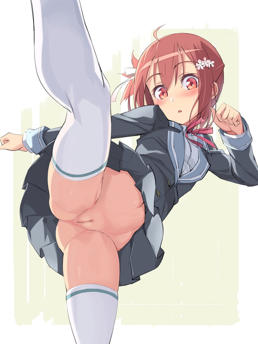 10s 1girl ahoge blush breasts flower hair_flower hair_ornament high_kick highres kicking looking_at_viewer michairu no_panties nogi_wakaba_wa_yuusha_de_aru pussy red_eyes red_hair school_uniform short_hair simple_background small_breasts solo takashima_yuuna thighhighs uncensored white_legwear yuuki_yuuna yuuki_yuuna_wa_yuusha_de_aru yuusha_de_aru