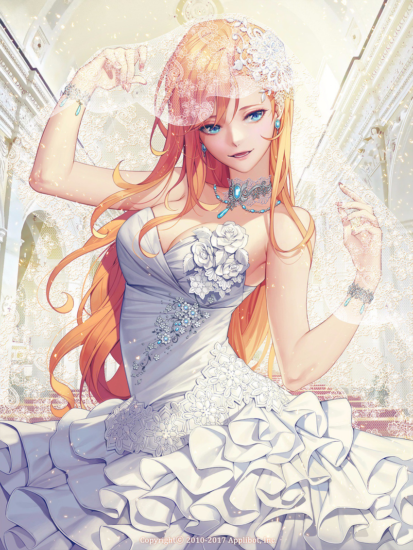 arm_up bare_shoulders blue_eyes bracelet breasts choker cleavage dress earrings flower frilled_dress frills furyou_michi_~gang_road~ highres indoors jewelry large_breasts long_hair open_mouth orange_hair smile solo soo_kyung_oh veil watermark wedding_dress white_dress