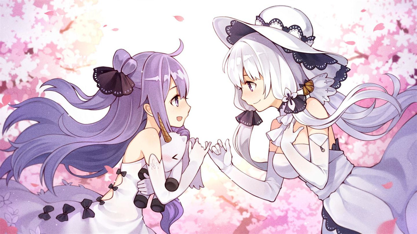 &gt;_&lt; :d age_difference azur_lane bad_id bad_pixiv_id bare_shoulders blush bow commentary_request dress elbow_gloves eye_contact gloves hair_ribbon hand_on_own_chest hat illustrious_(azur_lane) long_hair looking_at_another low_ponytail multiple_girls one_side_up open_mouth petals pinky_swear ponytail purple_eyes purple_hair ribbon side_bun sidelocks smile strapless strapless_dress stuffed_alicorn stuffed_animal stuffed_toy tress_ribbon tsubasa_tsubasa unicorn_(azur_lane) white_dress white_gloves white_hair