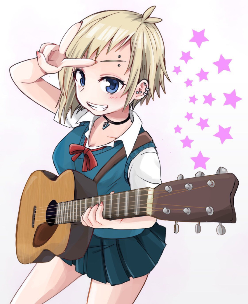 1girl :d acoustic_guitar blonde_hair blue_eyes blush choker earrings eyebrow_piercing fang foreshortening grin guitar highres instrument jessica_(roku_kyuu) jewelry looking_at_viewer open_mouth original piercing pleated_skirt ribbon roku_kyuu school_uniform short_hair simple_background skirt smile solo star sweater_vest v white_background