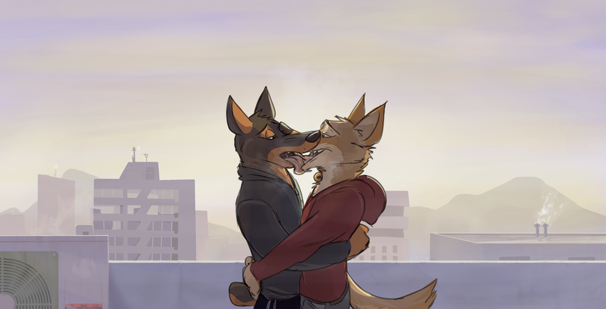 2017 absurd_res anthro canine clothed clothing coyote doberman dog duo french_kissing half-closed_eyes hi_res hug kissing male male/male mammal open_mouth paintfox romantic_couple saliva simple_background