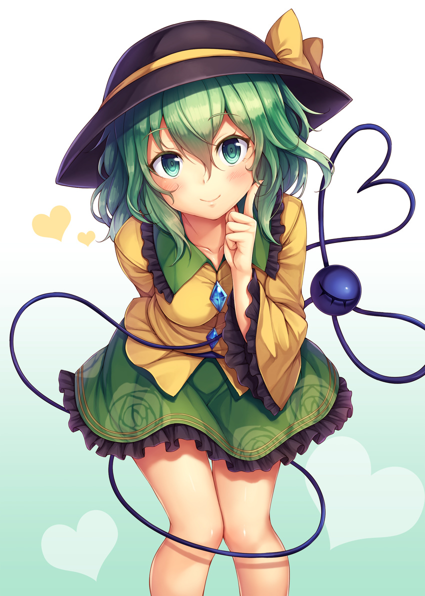 black_hat breasts eyebrows_visible_through_hair floral_print gradient gradient_background green_background green_eyes green_hair green_skirt hair_between_eyes hat hat_ribbon heart heart_of_string highres index_finger_raised knees_together_feet_apart komeiji_koishi leaning_forward looking_at_viewer medium_breasts medium_hair miniskirt ribbon shirt skirt smile snowcanvas solo third_eye touhou white_background wide_sleeves yellow_shirt