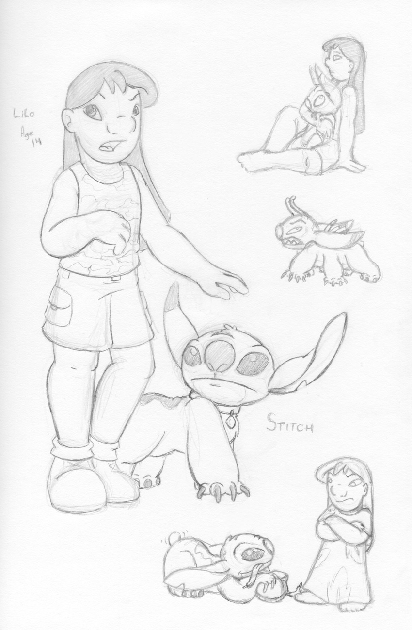 2007 4_arms 4_fingers aged_up alien all_fours annoyed antennae back_markings back_spines chest_tuft chewing claws clenched_teeth clothed clothing collar crossed_arms disney duo experiment_(species) footwear hair head_tuft human lilo_and_stitch lilo_pelekai littletiger488 long_hair mammal markings multi_arm multi_limb muumuu notched_ear pencil_(artwork) shirt shoes shorts sitting sketch small_tail stitch tailwag tank_top teeth traditional_media_(artwork) tuft