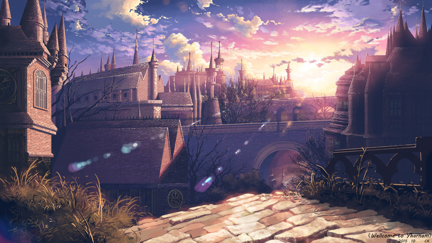 architecture bloodborne blue_sky bridge building city cloud cloudy_sky commentary dated english fence gothic_architecture gradient_sky grass highres no_humans outdoors scenery signature sky sunlight sunset tower twilight wall yharnam yuuko-san