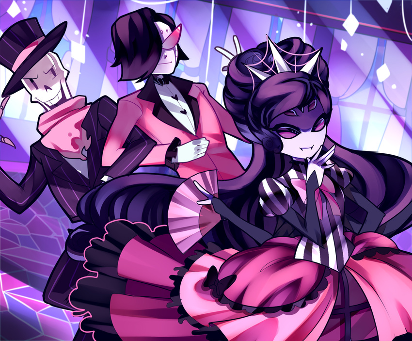 2boys alternate_costume alternate_hair_length alternate_hairstyle android artist_name black_hair dress extra_eyes fan formal hat highres insect_girl mettaton_ex monster_girl muffet multiple_arms multiple_boys papyrus_(undertale) rotodisk scarf skeleton suit sunglasses top_hat undertale