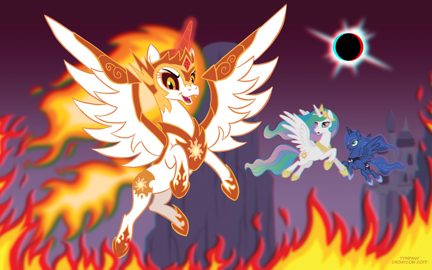 2017 3d_(artwork) daybreaker_(mlp) digital_media_(artwork) equine fangs fire friendship_is_magic horn mammal my_little_pony princess_celestia_(mlp) princess_luna_(mlp) slit_pupils solar_eclipse timothy_fay winged_unicorn wings