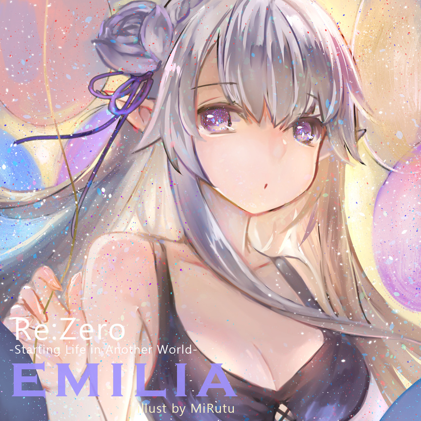 artist_name black_bikini_top breasts character_name cleavage collarbone copyright_name emilia_(re:zero) eyebrows_visible_through_hair flower grey_flower hair_between_eyes hair_flower hair_ornament hair_ribbon long_hair looking_at_viewer medium_breasts mirutu parted_lips purple_eyes purple_ribbon re:zero_kara_hajimeru_isekai_seikatsu ribbon silver_hair solo very_long_hair