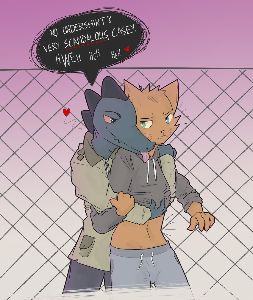 &lt;3 blush bulge casey_(nitw) cat clothing crocodile crocodilian english_text feline fence fur grope male male/male mammal night_in_the_woods orange_fur reptile scalie steve_scriggins_(nitw) sweat teasing text x61yrgv8n_(artist)