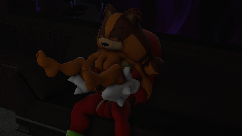 3d_(artwork) anal badger breasts clothing digital_media_(artwork) duo echidna eyes_closed feet female gloves knuckles_the_echidna male mammal monotreme mustelid nude pain sex sonic_(series) sonic_boom source_filmmaker sticks_the_jungle_badger