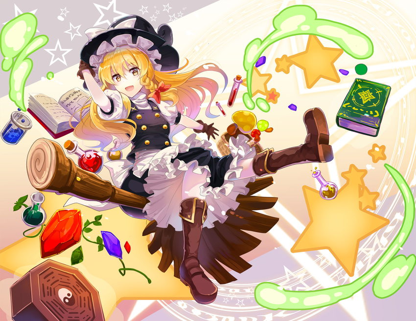 :d apron arm_up bangs basket black_skirt blonde_hair book boots bow braid broom broom_riding brown_footwear brown_gloves eyebrows_visible_through_hair full_body gloves hair_between_eyes hair_bow hand_on_headwear hat hat_bow highres kirisame_marisa long_hair looking_at_viewer mini-hakkero mushroom open_mouth pantyhose potion puffy_short_sleeves puffy_sleeves red_bow rin_falcon short_sleeves side_braid single_braid skirt skirt_set smile solo star touhou waist_apron white_apron white_bow white_legwear witch_hat yellow_eyes