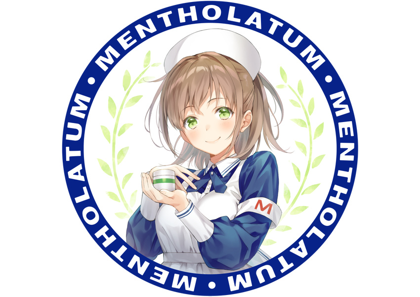 armband brown_hair copyright_name green_eyes hand_up hat looking_at_viewer mentholatum nurse nurse_cap round_image smile solo tokki transparent_background upper_body