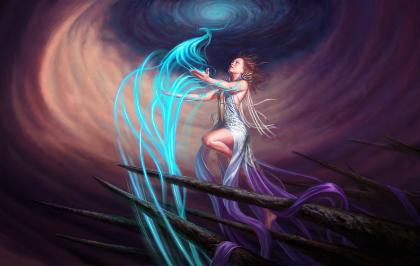 backless_dress backless_outfit bare_shoulders barefoot blue_eyes breasts brown_hair cloud cloudy_sky collar dress eric_deschamps from_below gown gradient_clothes gradient_dress leg_up looking_up magic magic:_the_gathering official_art outdoors outstretched_arms sideboob sky small_breasts spikes vortex